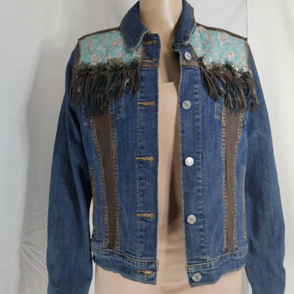 Western Style Embellished Denim Jean Jacket Fringe Leather Feathers Wms Large **
